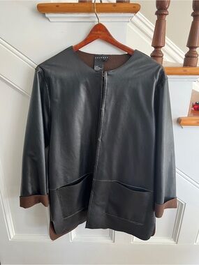 SPANNER Black Leather Jacket with Brown Trim